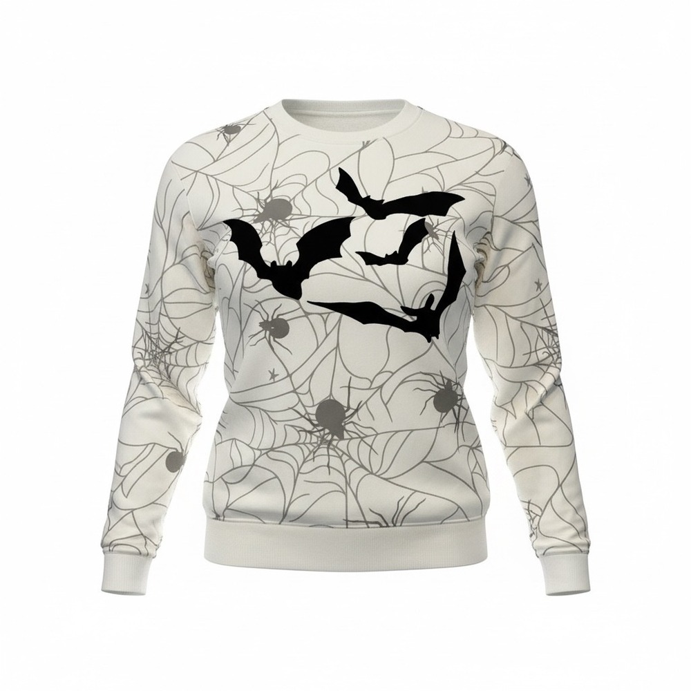 Wound‎ Up Womens Halloween Bats Spiderweb Sweatshirt White Grey Black XXS